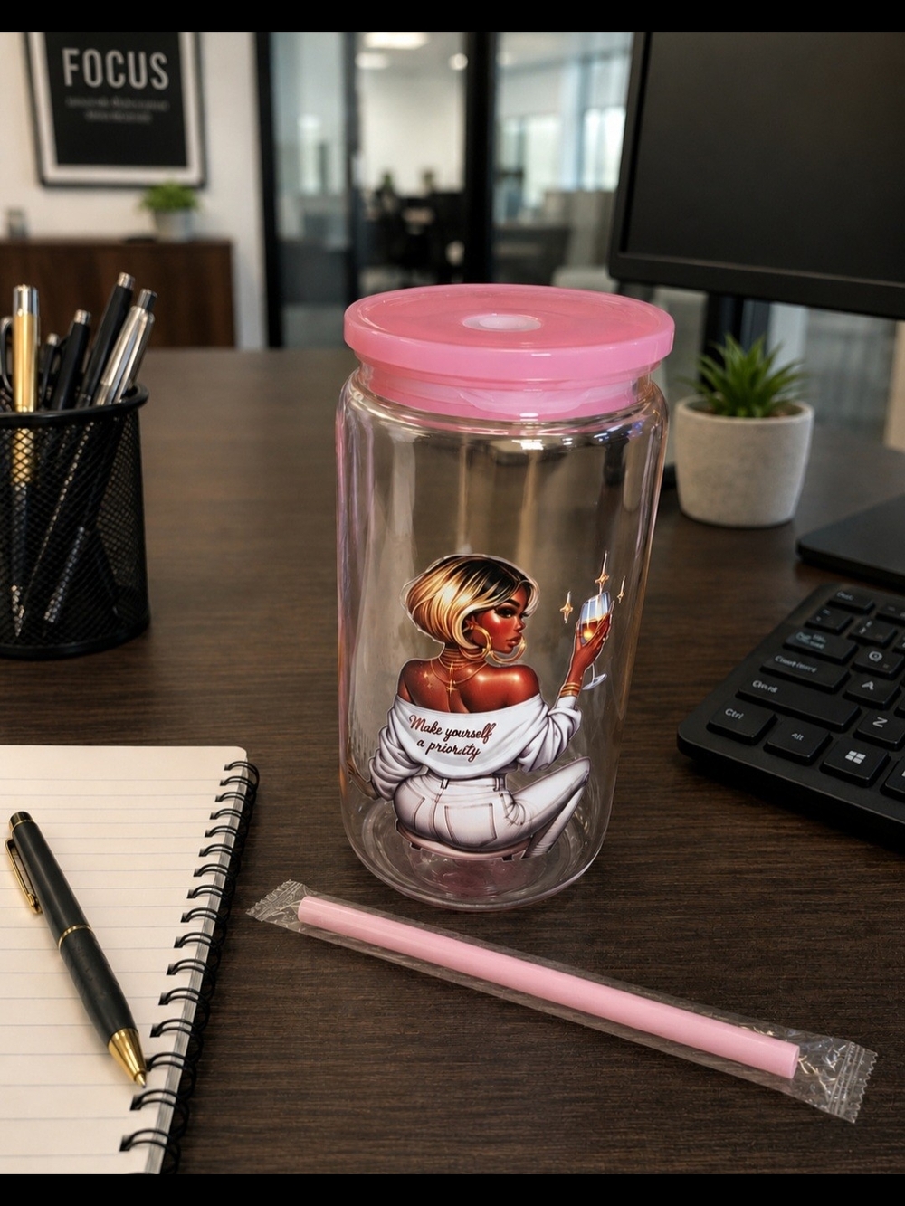 Pink Lid Glass Drinkware Tumbler with Straw - Make Yourself a Priority